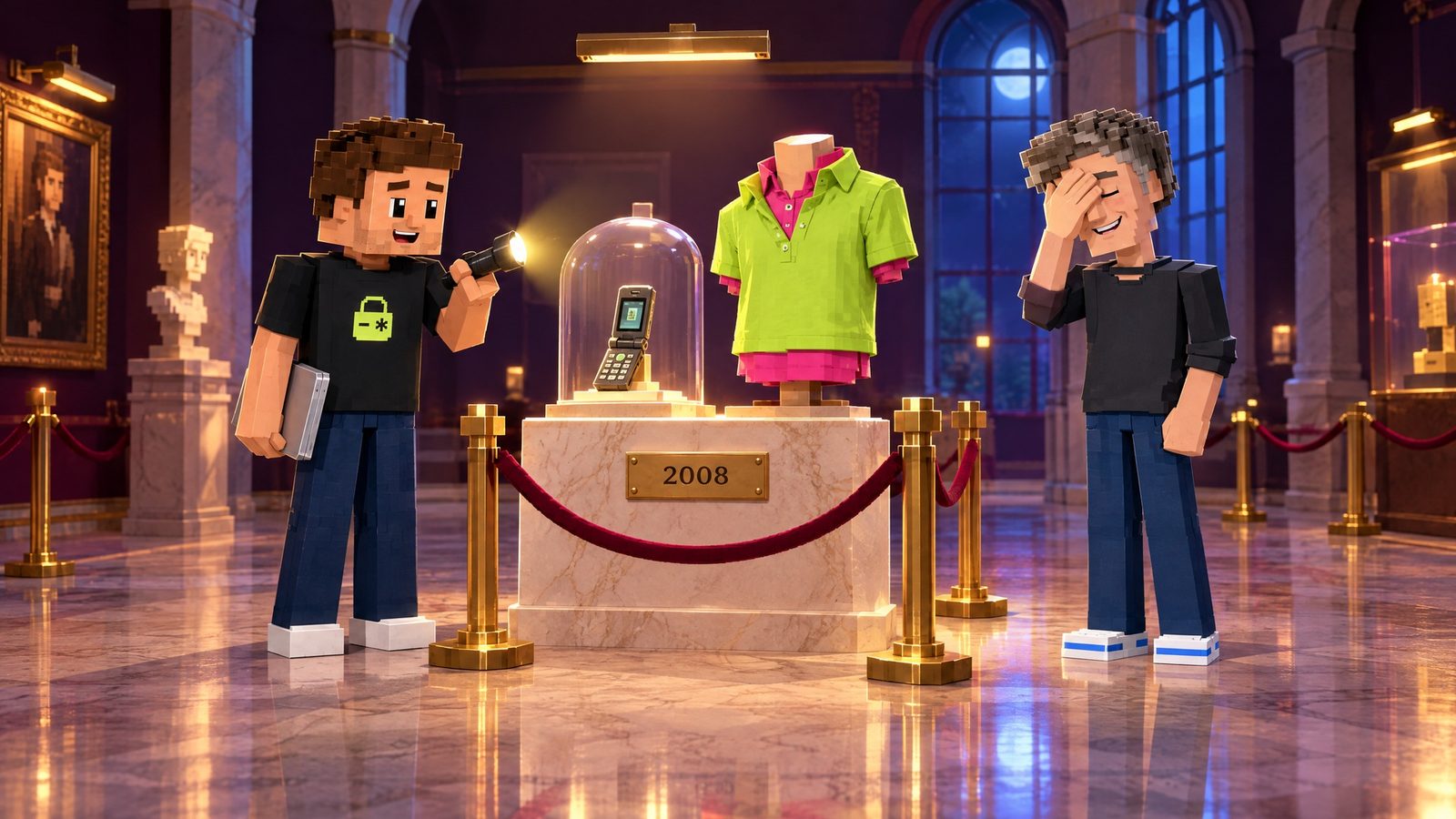Illustration: in a marble museum gallery at night, a retro voxel flip phone sits under a glass dome on a cream marble plinth with a brass plaque reading 2008, next to a mannequin torso wearing a lime polo shirt over a pink one, both collars up; Aster, the lime lock on his black shirt visible and his closed laptop at his side, grins and points his flashlight at it, while a friendly voxel cartoon of Sam Altman covers his eyes with one hand, laughing.