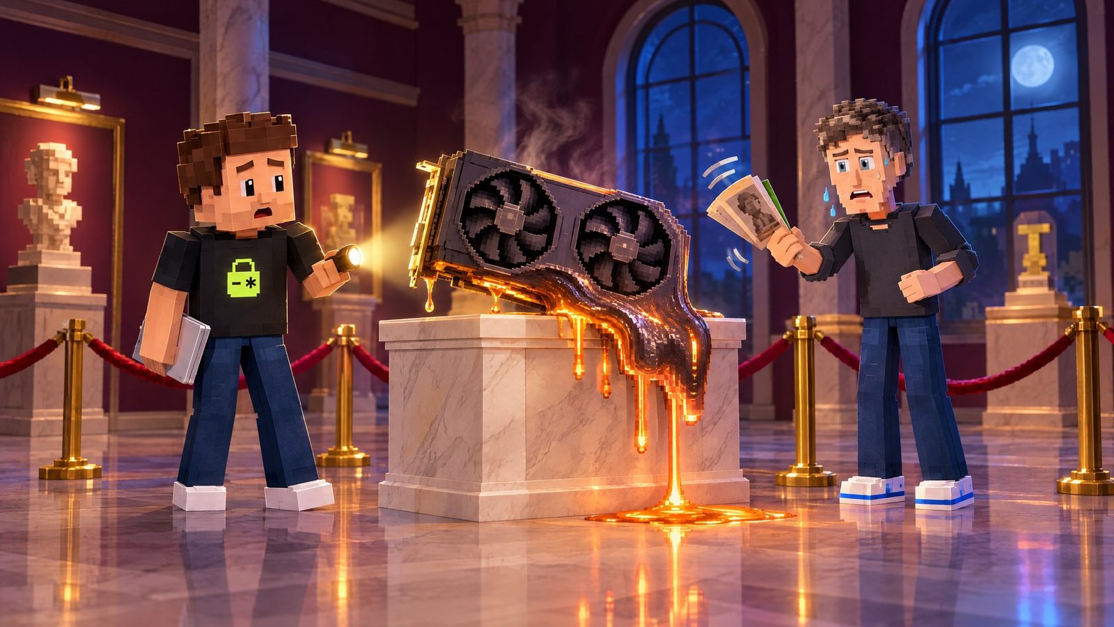 Illustration: on a marble plinth, a big dark graphics-card sculpture with two fans melts like a Dali clock, glowing orange drips running down the marble into a puddle, steam rising; Aster steps back with his flashlight on it, eyebrows up, his closed laptop at his side and the lime lock on his shirt visible; the voxel cartoon of Sam Altman fans it with a museum brochure, sweating.