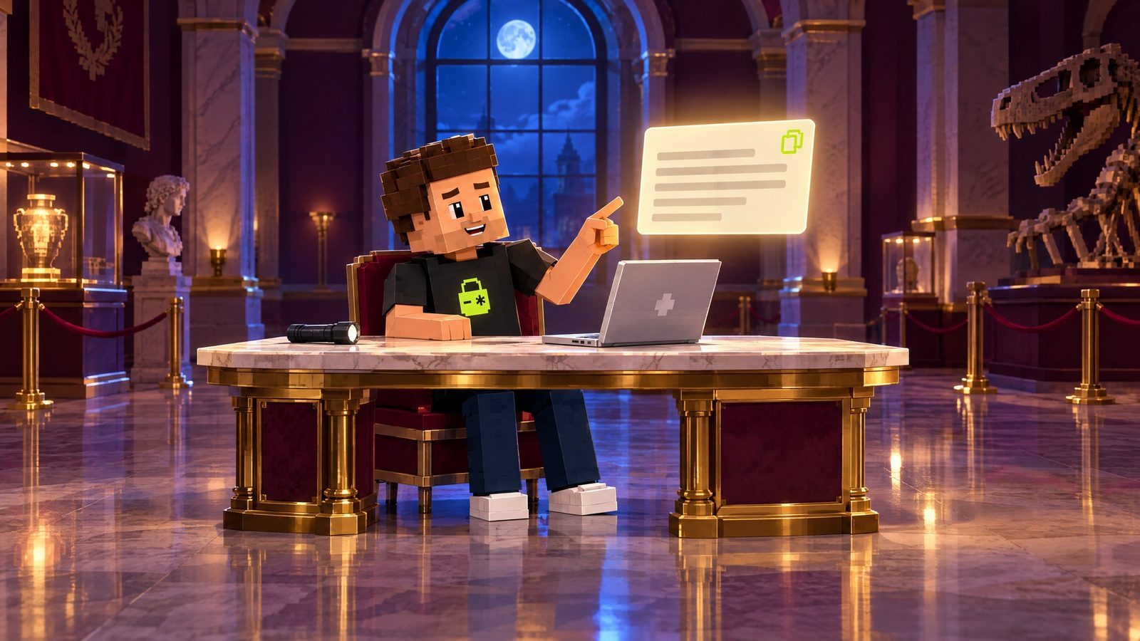 Illustration: Aster sits at a polished brass and marble desk in the moonlit museum, his silver laptop open on the desk, smiling and pointing at a glowing cream card with blurred lines of text and a small lime copy icon floating above it; a switched-off flashlight lies on the desk and the lime lock on his shirt stays visible.