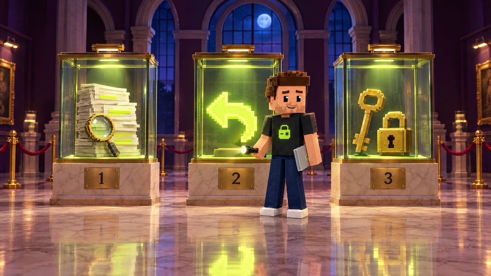 Illustration: three tall glass display cases glow lime in a moonlit marble gallery, numbered 1, 2 and 3 on brass plates: a stack of pages with a magnifying glass, a glowing curved undo arrow, and a brass key beside a padlock; Aster stands in front of the middle case smiling, flashlight in one hand and his closed laptop in the other, the lime lock on his shirt visible.