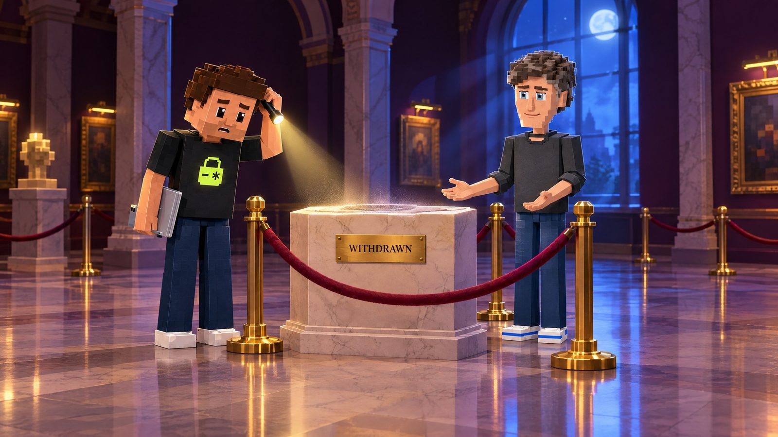 Illustration: in cool moonlight, an empty cream marble plinth behind a crimson velvet rope carries a brass placard reading WITHDRAWN, dust sparkling where something used to stand; Aster scratches his head with his flashlight, puzzled, his closed laptop at his side and the lime lock on his shirt visible; the voxel cartoon of Sam Altman stands on the far side with both hands open and a calm expression.