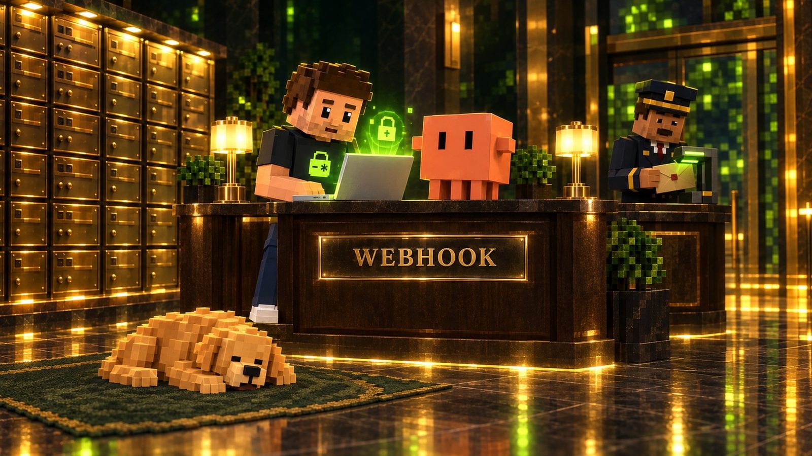 Voxel illustration: a calm lobby at night where Aster sits at the WEBHOOK desk reviewing code on his open laptop under a glowing lime padlock, the lime lock on his shirt visible, with Claude relaxed beside him, the doorman checking a sealed envelope at the lime scanner behind them, and the golden retriever asleep on a rug without its vest.