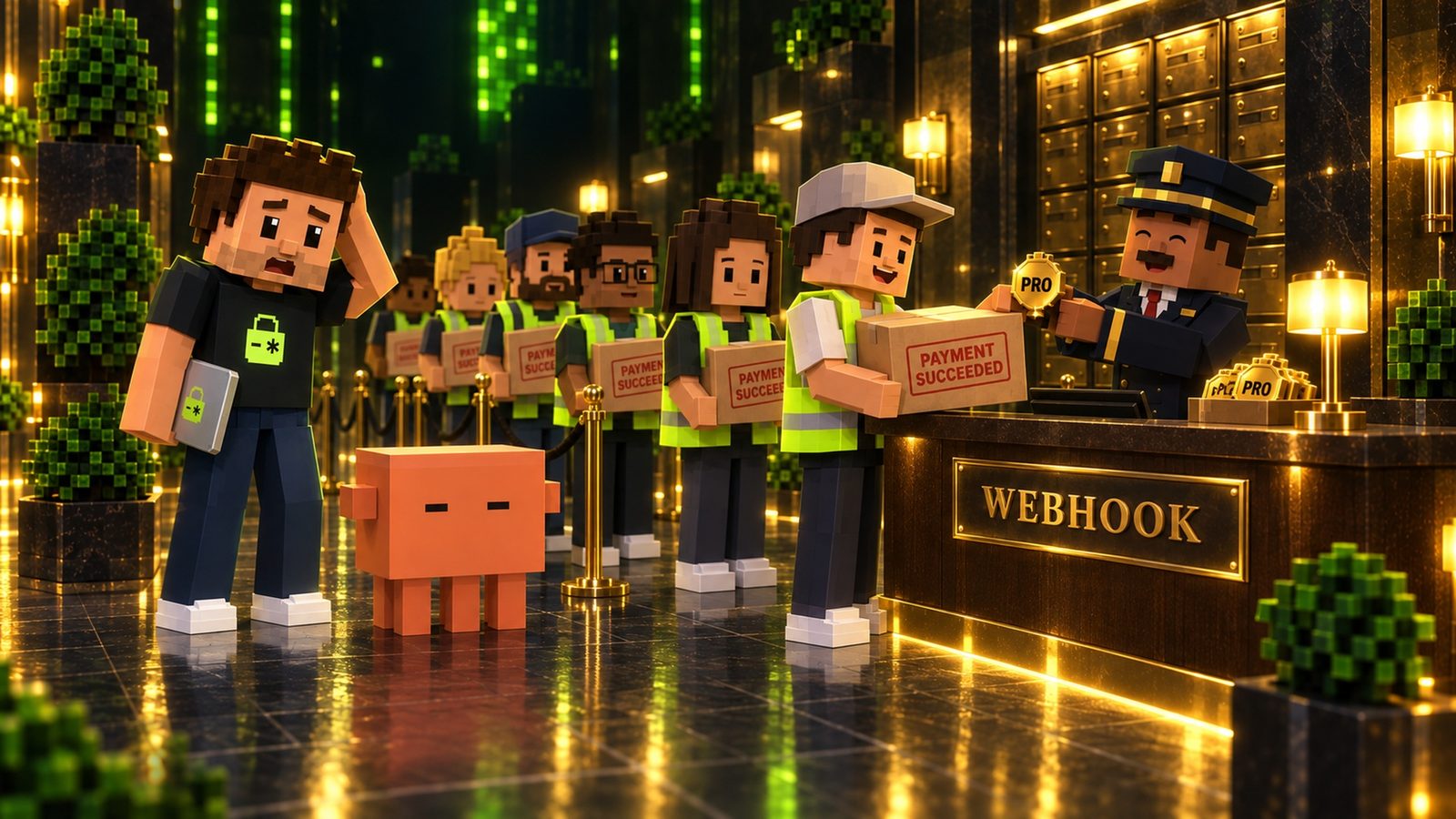 Voxel illustration: a night-time apartment lobby where a long line of strangers in hi-vis delivery vests, each carrying a box stamped PAYMENT SUCCEEDED, queues at a front desk with a gold WEBHOOK plaque, while a cheerful doorman hands out gold PRO badges without looking; Aster stands on the left with his laptop, hand on his head, and the orange block Claude stands beside him, unimpressed.