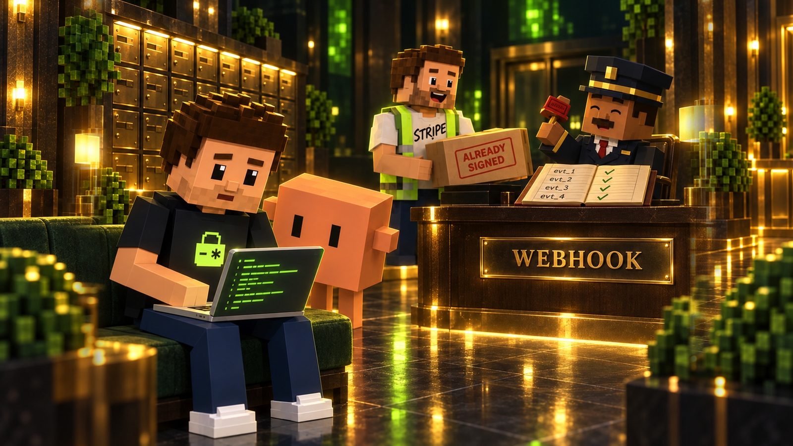 Voxel illustration: the doorman sits at the WEBHOOK desk with an open logbook listing evt_1 to evt_4, each with a green tick, and raises a red rubber stamp at the same delivery guy, back with a box now stamped ALREADY SIGNED; in the foreground Aster sits on a bench with his laptop open on his lap showing green terminal lines, the lime lock on his shirt visible, and Claude watches over his shoulder.