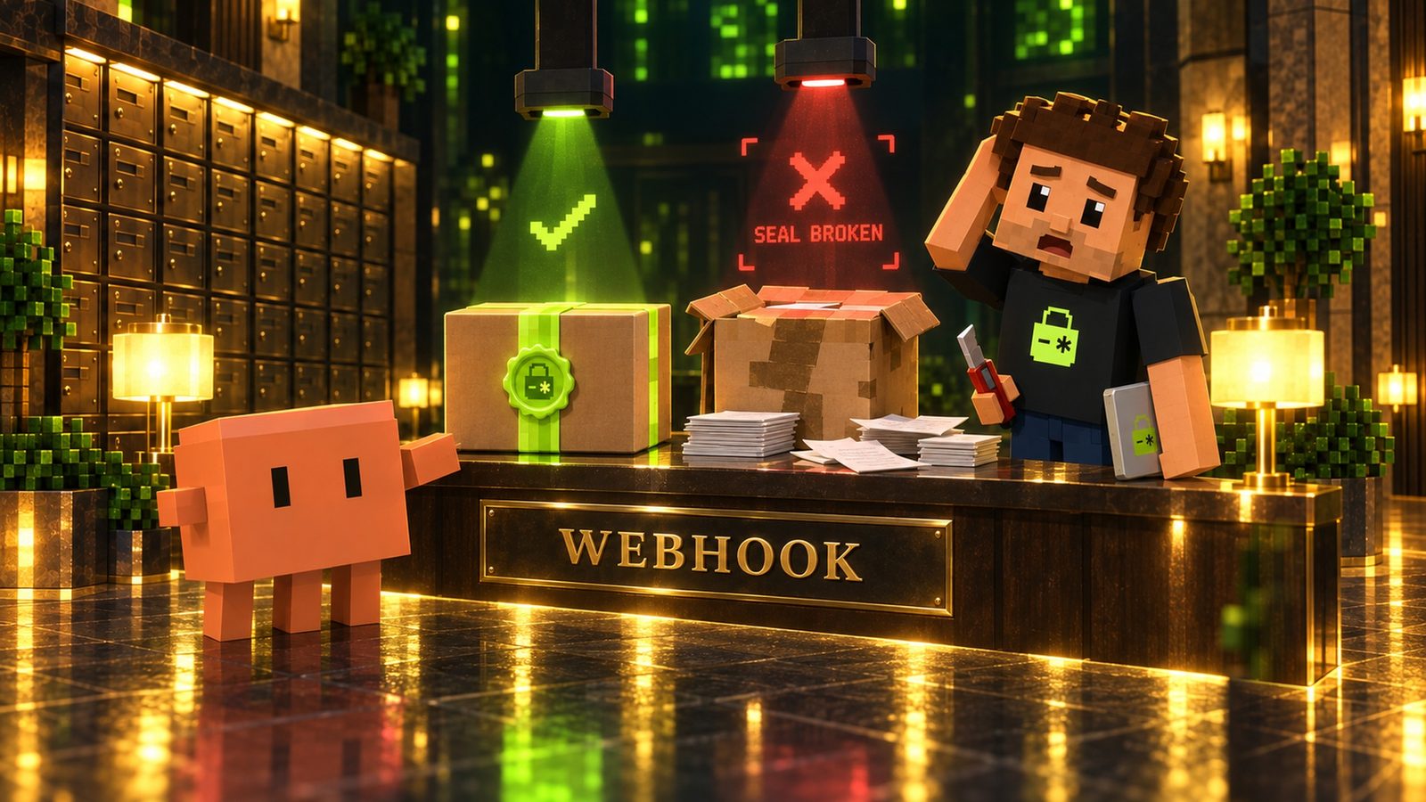 Voxel illustration: on the WEBHOOK desk, a box wrapped in intact lime tape with a lime padlock wax seal gets a green check under a scanner beam, while a second box that was cut open, emptied into stacks of paper and sloppily re-taped gets a red X and the words SEAL BROKEN; Aster stands behind it holding a box cutter, laptop at his side, and Claude points at the sealed box.