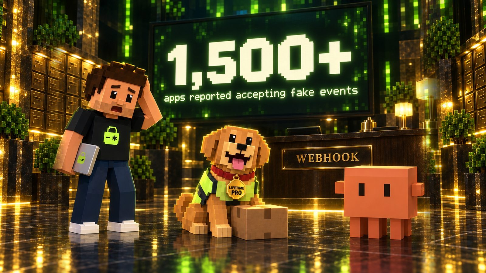 Voxel illustration: a happy golden retriever in a tiny hi-vis vest sits proudly on the lobby floor with a gold LIFETIME PRO tag on its red collar and a small box at its paws, under a big wall screen reading 1,500+ apps reported accepting fake events; Aster stares at the screen, worried, laptop at his side, and Claude looks at the dog.