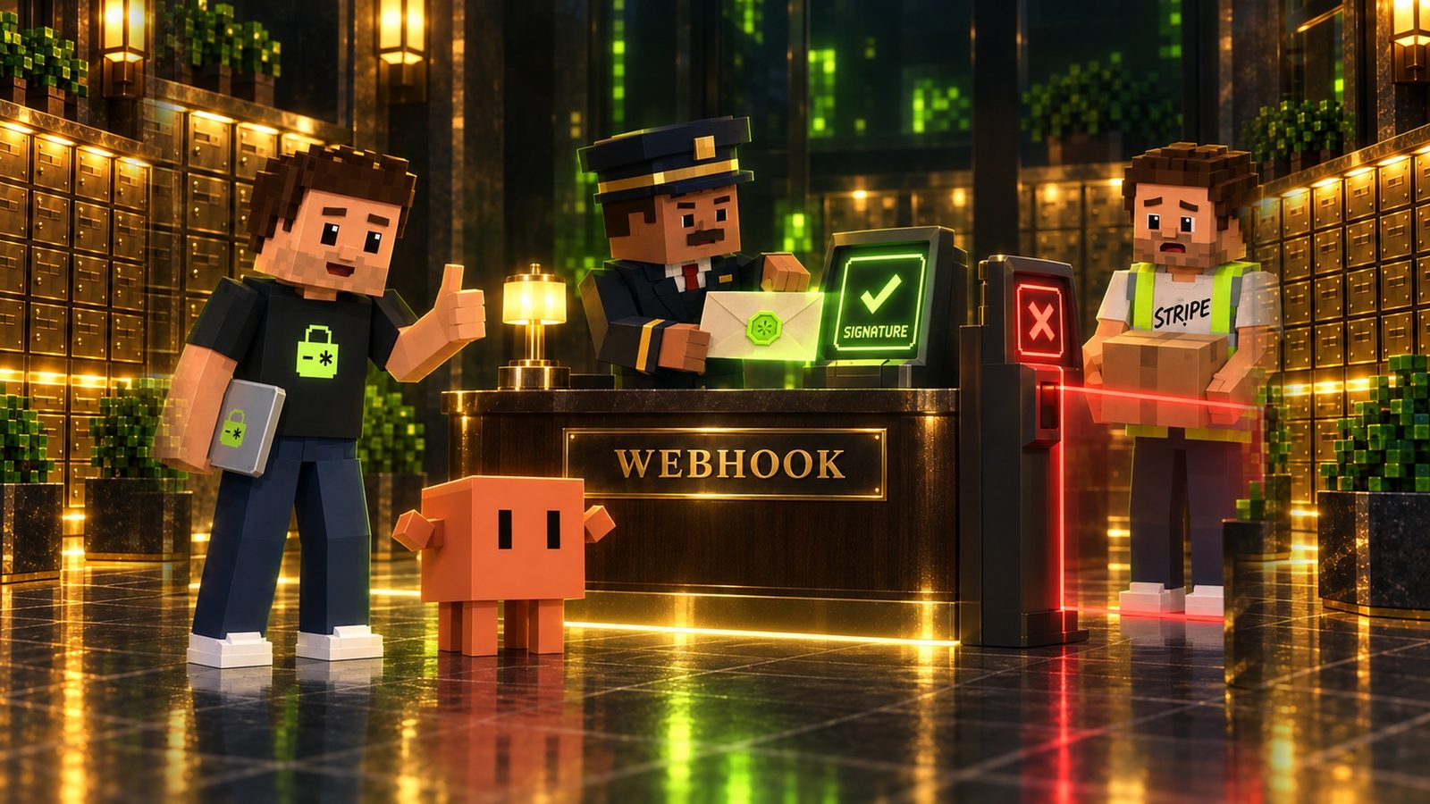 Voxel illustration: the doorman, now serious, holds an envelope with a glowing lime wax seal under a scanner whose screen shows a green check and the word SIGNATURE, while a red barrier and a big red X stop a man in a hi-vis vest and a STRIPE marker shirt carrying an unsealed box; Aster gives a thumbs-up with his laptop at his side and Claude stands by the desk, satisfied.