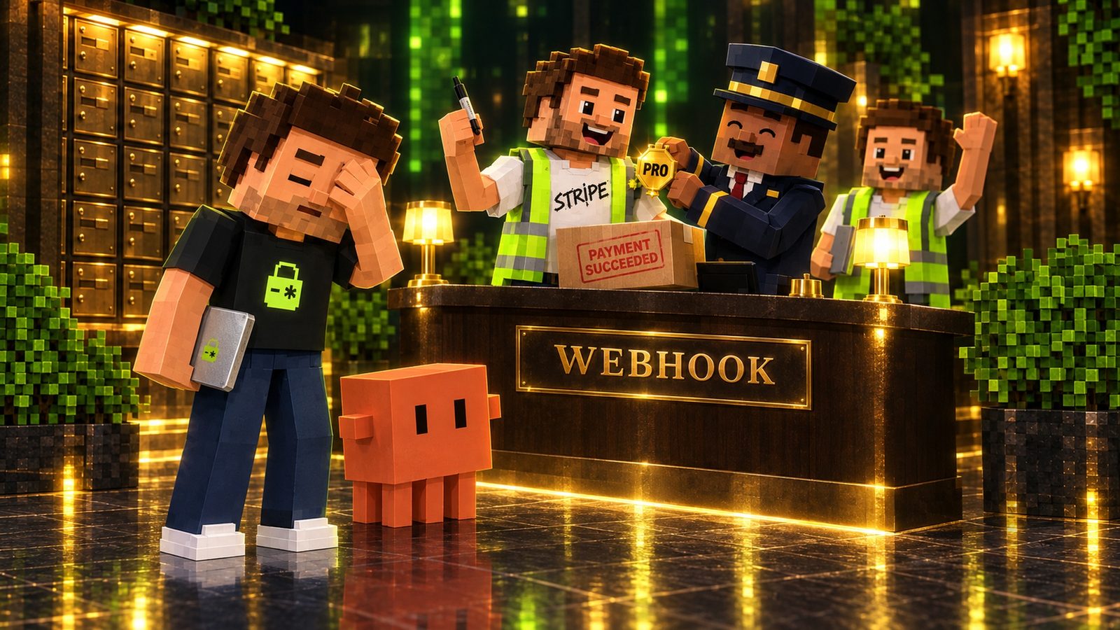 Voxel illustration: at the WEBHOOK front desk, a grinning man in a hi-vis vest with STRIPE scrawled across his white T-shirt in black marker holds up the marker and slides over a box stamped PAYMENT SUCCEEDED while the doorman pins a gold PRO badge on him; his cousin in another vest waves behind him, Aster facepalms in the foreground with his laptop at his side, and Claude stares, unimpressed.